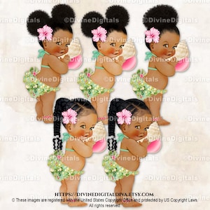Island Girl Bathing Suit Bikini Tropical Hawaiian Hibiscus Shell | Baby Girl Babies of Color Polynesian | Clipart Instant Download