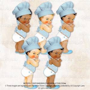 Little Chef Baker BabyQ Grillmütze Schürze Grillen Kochen Blau Weiß Gingham Karo Karo | Baby Boy 3 Hauttöne | Clipart Sofort Download