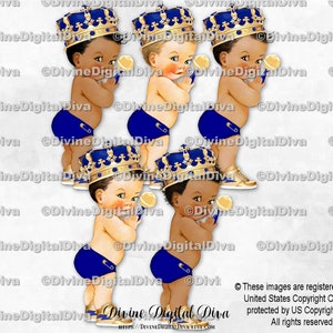 Koningsblauwe Little Prince sierlijke gouden kroon gouden sneakers rammelaar | Babyjongen 3 huidskleuren | Clipart direct downloaden