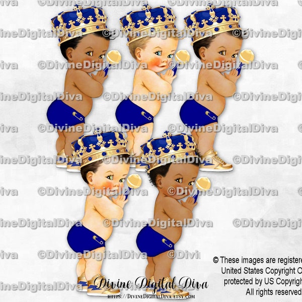 Royal Blue Little Prince Ornate Gold Crown Gold Sneakers Rattle | Baby Boy 3 Skin Tones | Clipart Instant Download