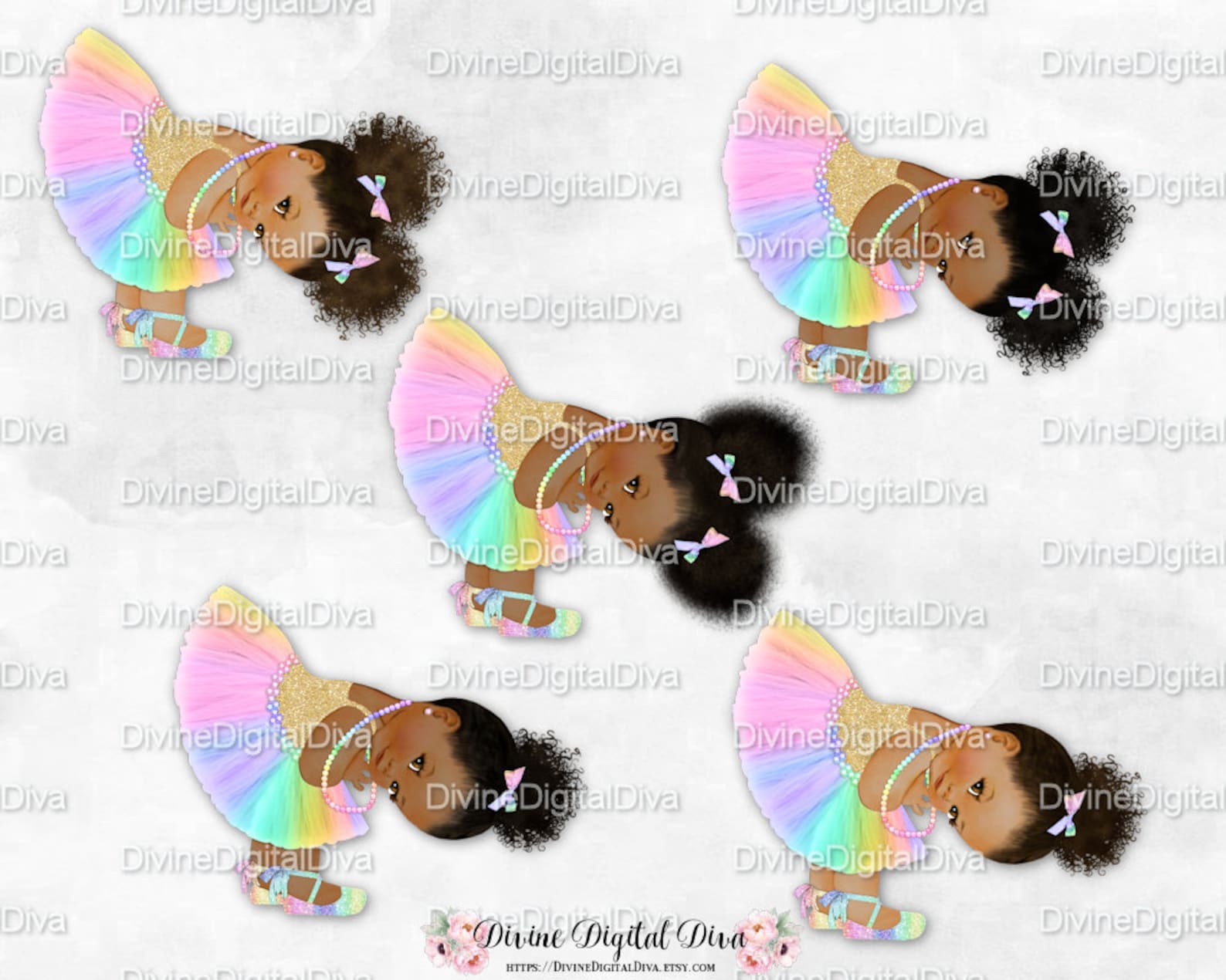 princess pastel rainbow tulle tutu ballet shoe gold shirt bending | vintage baby girl babies of color | clipart instant download