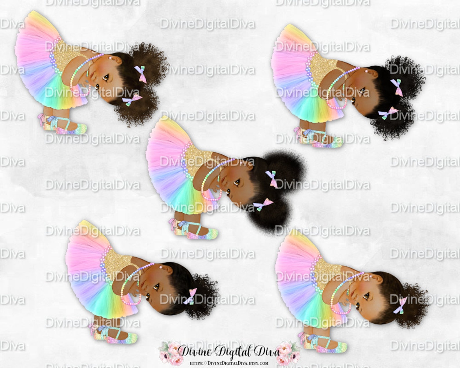 princess pastel rainbow tulle tutu ballet shoe gold shirt bending | vintage baby girl babies of color | clipart instant download