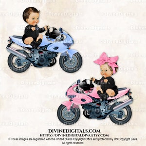 Motociclistas en azul claro y rosa / Bebé niño niña tono claro / Revelación de género de gemelos / Clipart descarga instantánea