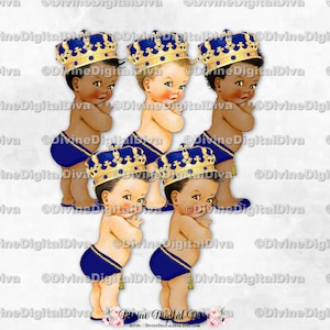 Little Prince Royal marineblauwe sierlijke gouden kroon kwastriem | Babyjongen 3 huidskleuren | Clipart direct downloaden