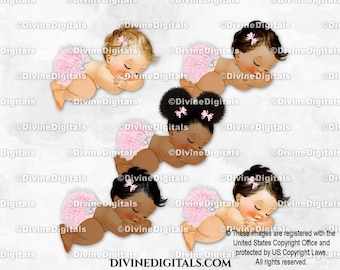 Sleeping Baby Girl Blush Pink Ruffle Pants White Bow | 3 Skin Tones | Clipart Instant Download