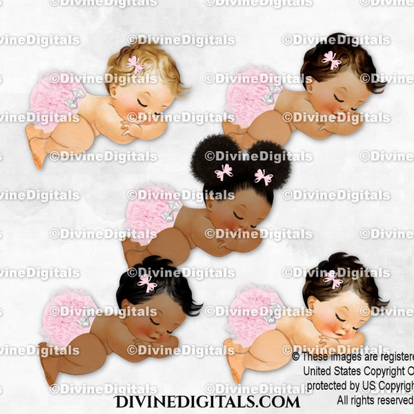 Sleeping Baby Girl Blush Pink Ruffle Pants White Bow | 3 Skin Tones | Clipart Instant Download
