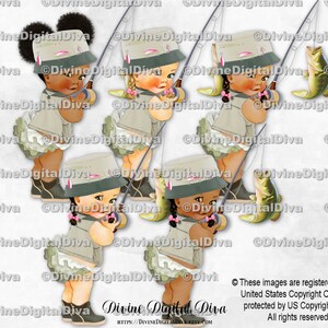 Gilet de pêcheur pêcheur chapeau tige bottes achigans kaki beige vert | 3 tons de peau de bébé fille | Clipart à téléchargement immédiat