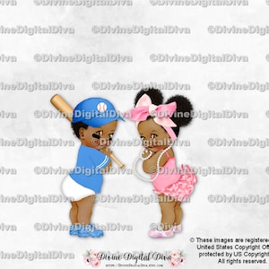Baseball Blue & Ruffle Hose Pink Big Kopf Bogen | Baby Junge Mädchen Dunkler Ton | Ethnische Afroamerikaner | Geschlecht offenbaren Zwillinge | Sofort Download