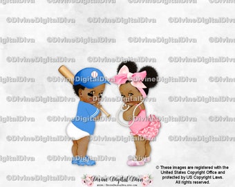 Baseball Blue & Ruffle Pants Pink Big Head Bow | Baby Boy Girl Dark Tone | Ethnic African American | Gender Reveal Twins | Instant Download