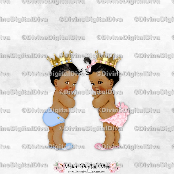 Little Prince & Princess Ruffle Pants Pink Blue Gold Crown | Dark Skin Tone | Boy Girl | Gender Reveal Twins | Clipart Instant Download