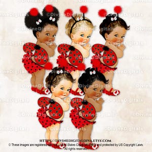 Ladybug Red Black Dots Ruffle Pants Wings Antennae | Baby Girl 3 Skin Tones | Clipart Instant Download