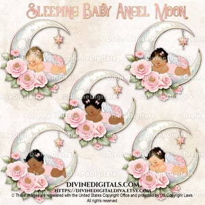 schlafender Babyengel auf Blumenmond Pink Ivory Sage Gold | Baby Mädchen 3 Hauttöne | Clipart Sofort Download