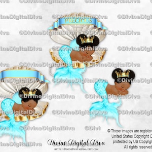 Princesa sirena durmiendo en una concha de almeja con perlas de cola de corona turquesa y dorada / Niña afroamericana en tonos oscuros / Descarga de imágenes prediseñadas