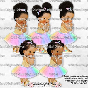 Baskets princesse dorées tutu arc-en-ciel, perles | Petite fille, bébés de couleur afro-américaine | Clipart à téléchargement immédiat