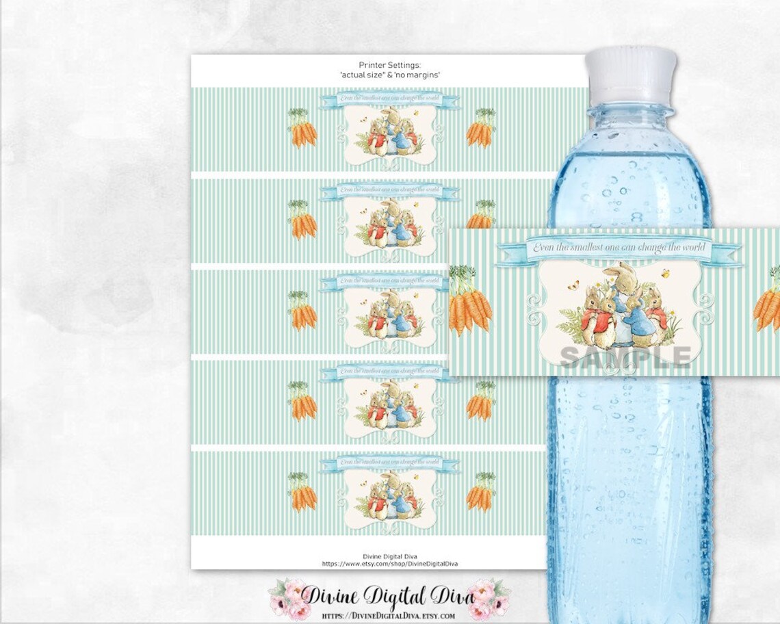 Green Rabbit Rectangle Label Garden Theme Rabbit Water Bottle Labels Aqua Green Blue Ivory | Etsy