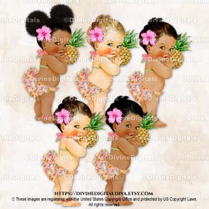 Aloha Island Girl Tropisch Pink Hibiskus Ananas Hawaiian Luau | Baby Mädchen 3 Hauttöne | Clipart Sofort Download