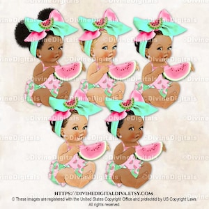 May include: A digital illustration of six babies with different skin tones, each wearing a pink and green watermelon outfit and a large turquoise bow with a watermelon slice. They are holding watermelon slices. The image includes the Etsy shop URL.