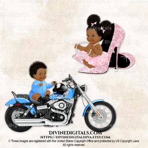 Ruedas Tacones Azul Rosa Sentado Motocicleta Tacones Altos / Bebé Niño Niña Tono Oscuro Puffs / Revelación de Género Gemelos / Clipart Descarga Instantánea
