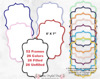 52 Solid Color 5" x 7" Bracket Frames Filled and Transparent 26 Colors Digital Clipart