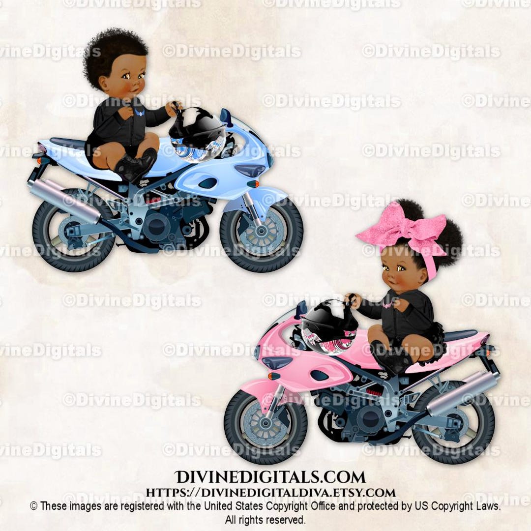 Motorcycle Riders Light Blue Pink Bow Biker | Baby Boy Girl Dark Tone ...
