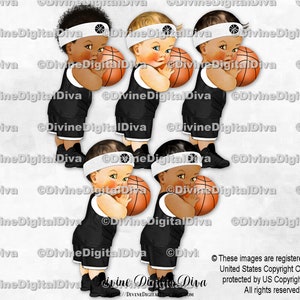 Kleiner Prinz Basketball Player Black & White Shorts Schweißband Turnschuhe Ball | Baby Boy 3 Hauttöne | Clipart Sofort Download