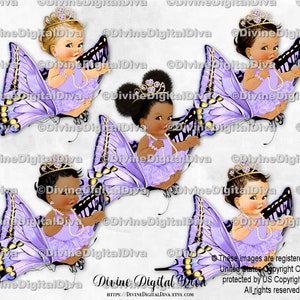 Prinses vlinder lavendel tutu gouden tiara parels | Zittend op vliegende vlinder | Babymeisje: 3 huidskleuren | Clipart direct downloaden