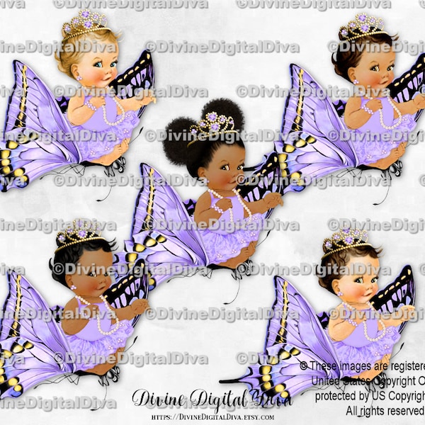 Princess Butterfly Lavender Tutu Gold Tiara Pearls | Sitting on Flying Butterfly | Baby Girl 3 Skin Tones | Clipart Instant Download