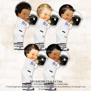 Astronaut Weiß Fliegeranzug Weltraum Helm Stiefel | Baby Boy 3 Hauttöne | Clipart Sofort Download