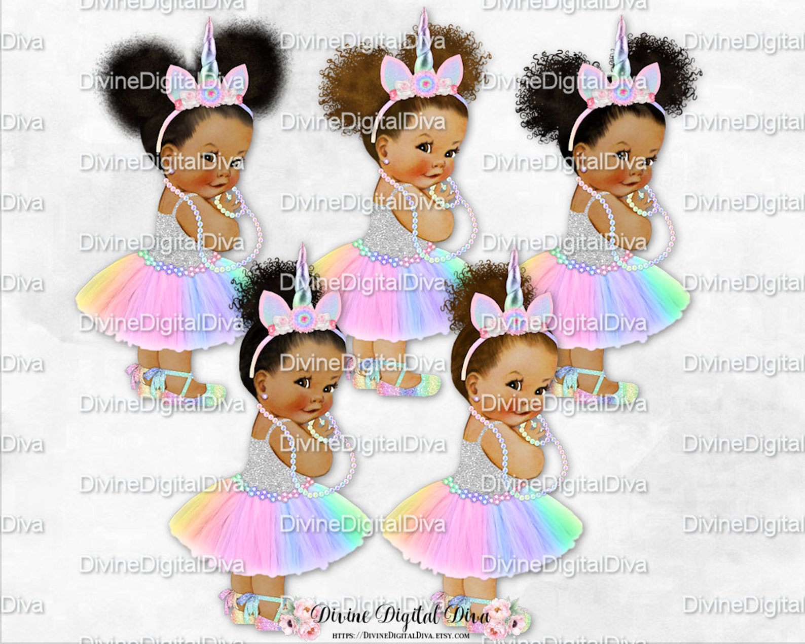 unicorn princess pastel rainbow & silver tutu ballet shoe unicorn horn | vintage baby girl african american tones | clipart inst