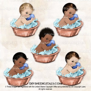 Bambino in vasca da bagno in rame antico stile antico, spugna per il bagnetto / Bambino 3 tonalità di pelle / Clipart download immediato