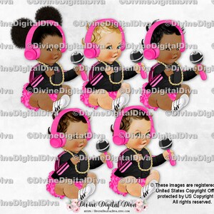 Hip Hop Hot Pink Schwarze Jacke Kopfhörer Rassel Gold Kette | Sitzendes Baby Mädchen 3 Hauttöne Puffs | Sofort Download