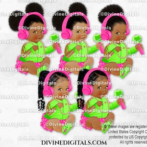 Hip Hop Hot Pink Lime Grün Jacke Kopfhörer Rassel Gold Kette | Sitzende Baby-Babys der Farbe afroamerikanische ethnische | Sofort Download