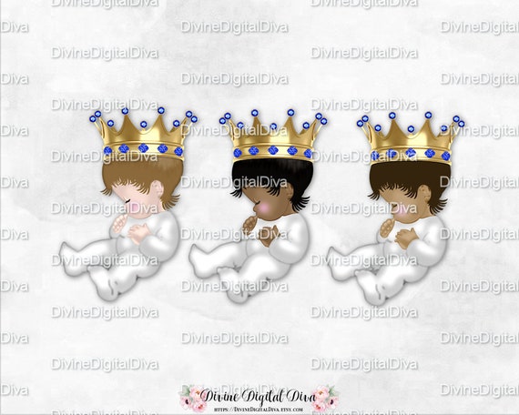 Sleeping Prince White Pajamas Gold Crown Royal Blue Gems Clipart Instant Download Baby Boy 3 Skin Tones