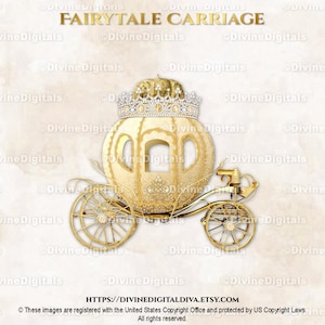 Carrozza da favola della principessa d&#39;oro con corona di diamanti / Clipart download immediato