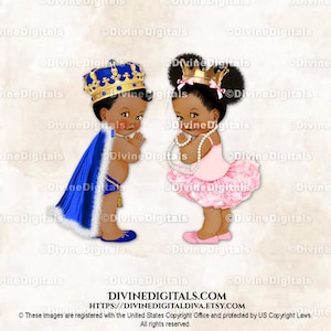 Piccolo principe e principessa ballerina rosa, blu reale, corona d'oro / bambino maschio e femmina tonalità scura / gemelli rivelazione del sesso / clipart download immediato