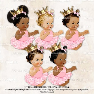Ballerine princesse tutu rose avec couronne dorée | Bébé fille assise 3 tons chair | Clipart à téléchargement immédiat