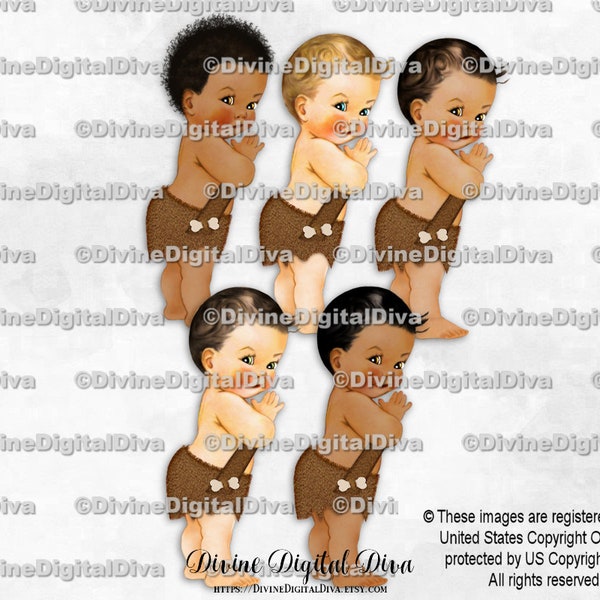 Little Prince Jungle Safari Fur & Bone Loincloth Caveman | Baby Boy 3 Skin Tones | Clipart Instant Download