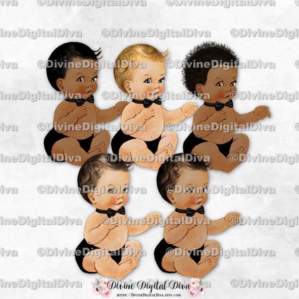 Little Man Black Bow Tie & Diaper | Sitting Baby Boy 3 Skin Tones | Clipart Instant Download