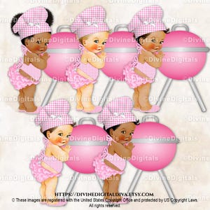 Little Chef Rosa Weiß Gingham Karo Hat Schürze BabyQ Grill | Baby Mädchen 3 Hauttöne | Clipart Sofort Download