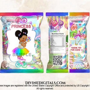 Candy Princess Printable Chip Bags | Rainbow Land Lollipop | Baby Girl African American Puffs | Digital Instant Download