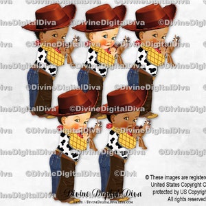 Kleiner Cowboy Jeans Chaps Denim Gelb Westernhemd Kuh-Print Weste Stiefel rot Schal Spielzeug | Baby Boy 3 Hauttöne | Clipart Sofort Download