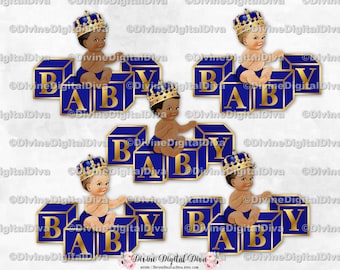 Little Prince on Blocks Royal Blue & Gold Ornate Crown | Sitting Baby Boy | 3 Skin Tones | Clipart Instant Download