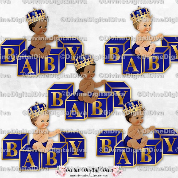 Little Prince on Blocks Royal Blue & Gold Ornate Crown | Sitting Baby Boy | 3 Skin Tones | Clipart Instant Download