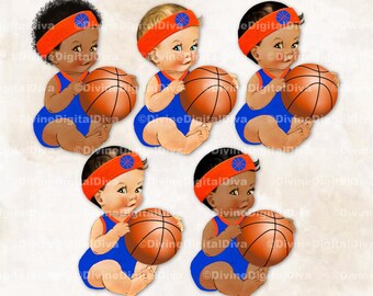 Basketbalspeler koningsblauwe en oranje zweetband zittend babyjongen Clipart