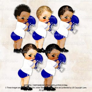 Little Prince voetbalspeler koningsblauwe en witte luier jersey schoenplaatjes helm | Babyjongen 3 huidskleuren | Clipart direct downloaden