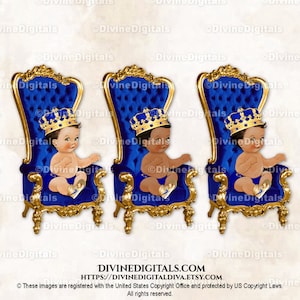 Little Prince Throne Chair-sneakers koningsblauw en goud versierde kroon | Zittend jongetje 3 huidskleuren | Clipart direct downloaden
