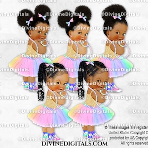 Baskets princesse tutu en tulle arc-en-ciel pastel, perles dorées | Tresses afro-américaines de couleur bébé fille | Clipart à téléchargement immédiat