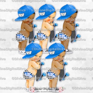 Zapatillas de skate con cuadros azules, negros y blancos, gorra de skate para bebé, 3 tonos de piel, descarga instantánea de imágenes prediseñadas