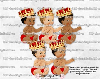 Little Prince Red & Gold Ornate Crown Red / Sitting Baby Boy 3 Skin Tones / Clipart Instant Download