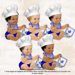 Little Chef Bleu roi Blanc Toque de chef Écharpe à carreaux Porte-casserole Spatule Louche | Bébé garçon assis 3 tons chair | Clipart à téléchargement immédiat